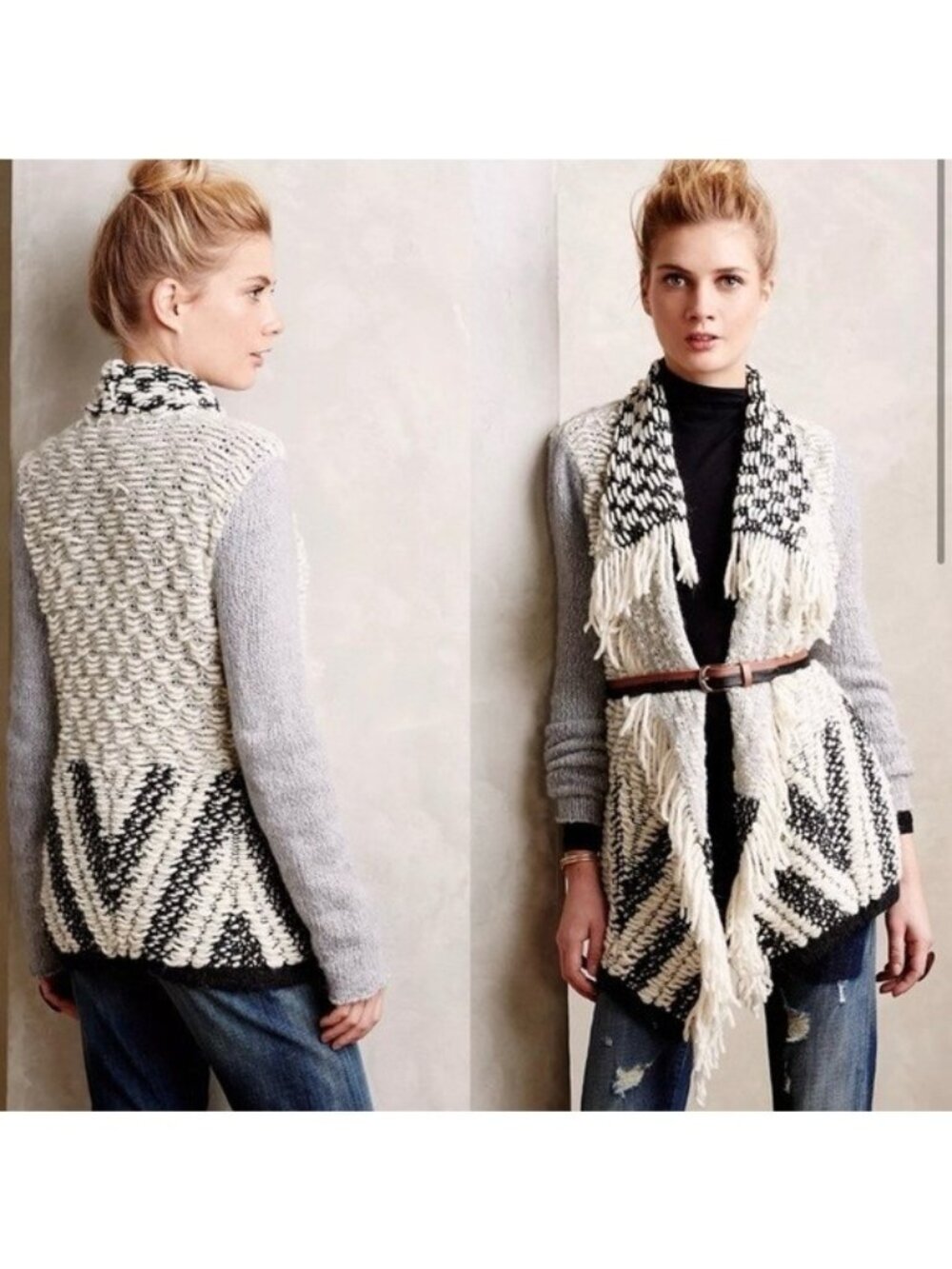 Moth Anthropologie Amba Gray & Cream Chunky Knit Open Fringe Cardigan, Size XS